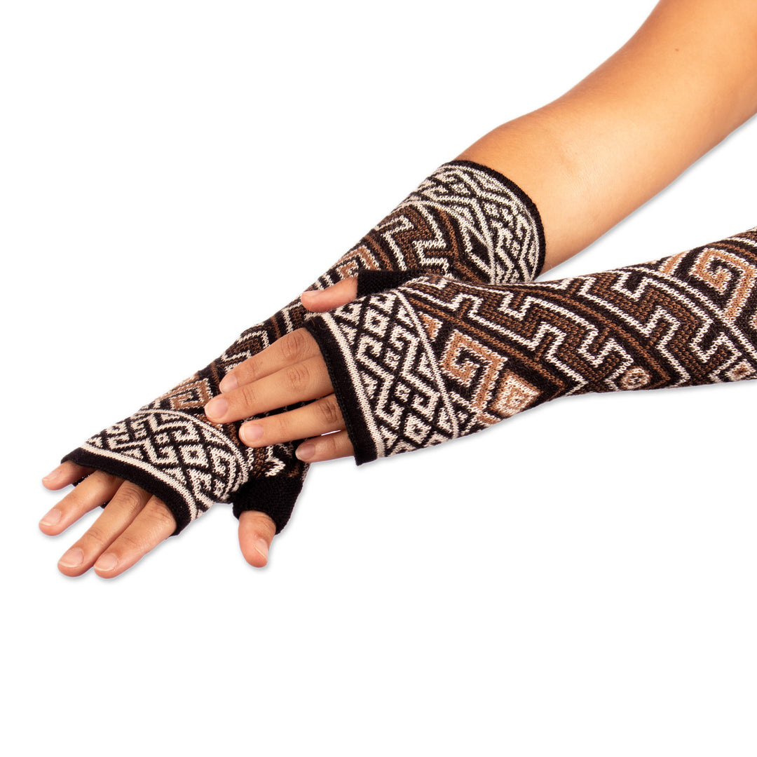 Knit 100% Baby Alpaca Fingerless Mitts Crafted in Peru - Serpents and Waves