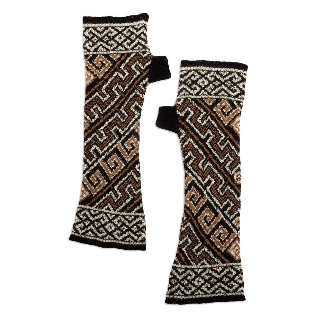 Knit 100% Baby Alpaca Fingerless Mitts Crafted in Peru - Serpents and Waves