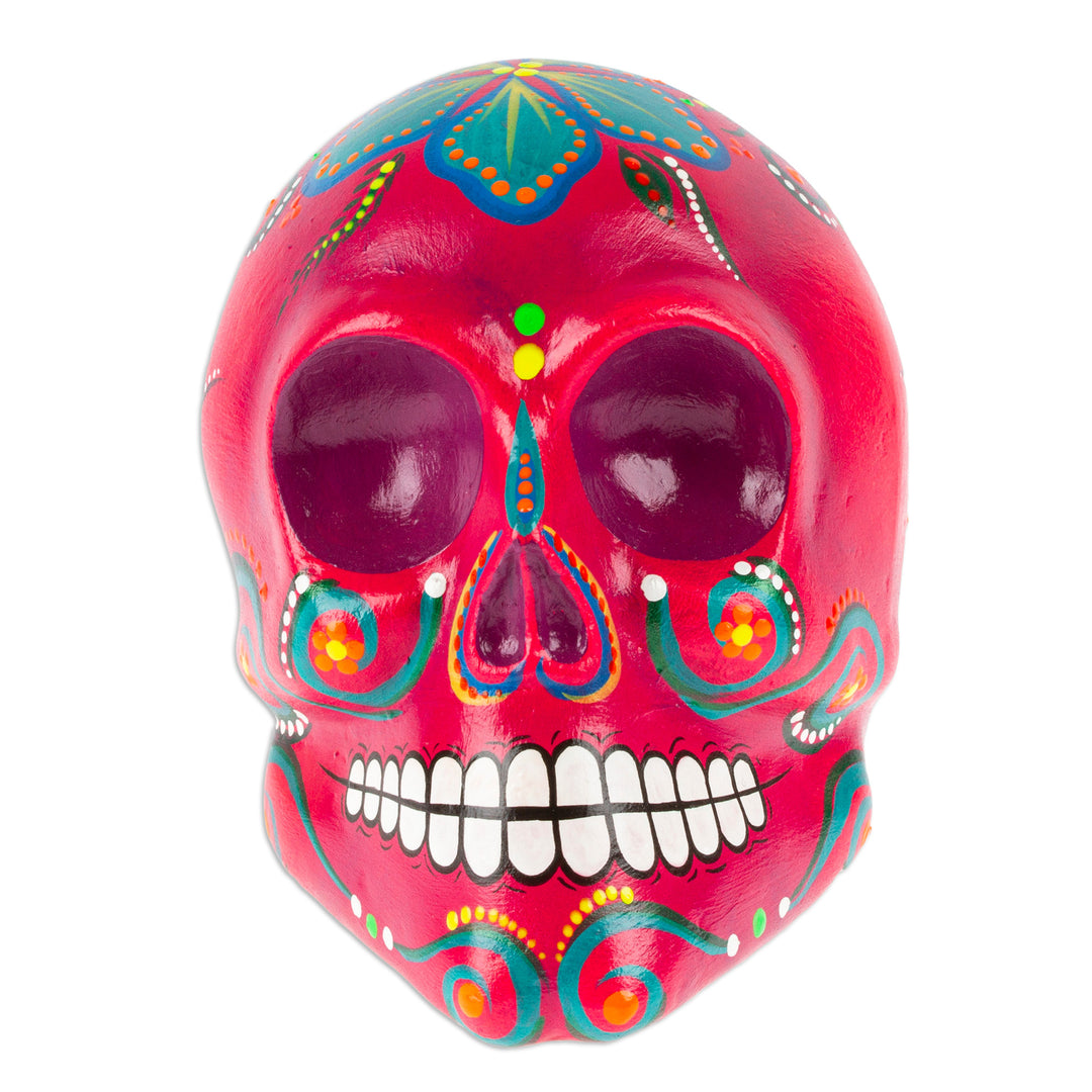 Handcrafted Recycled Paper Floral Carmine Skull Statuette - Carmine Underworld