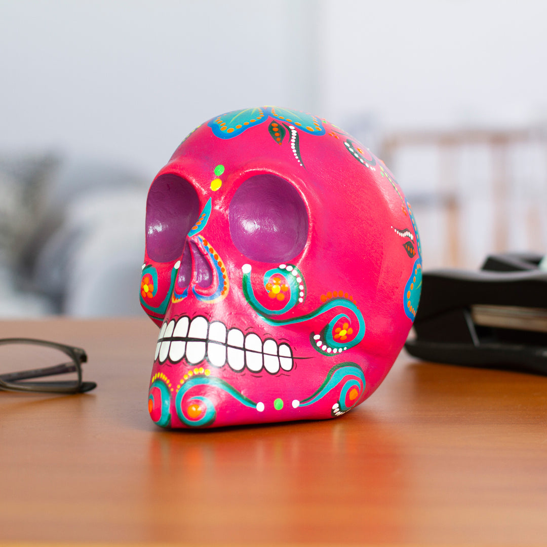Handcrafted Recycled Paper Floral Carmine Skull Statuette - Carmine Underworld