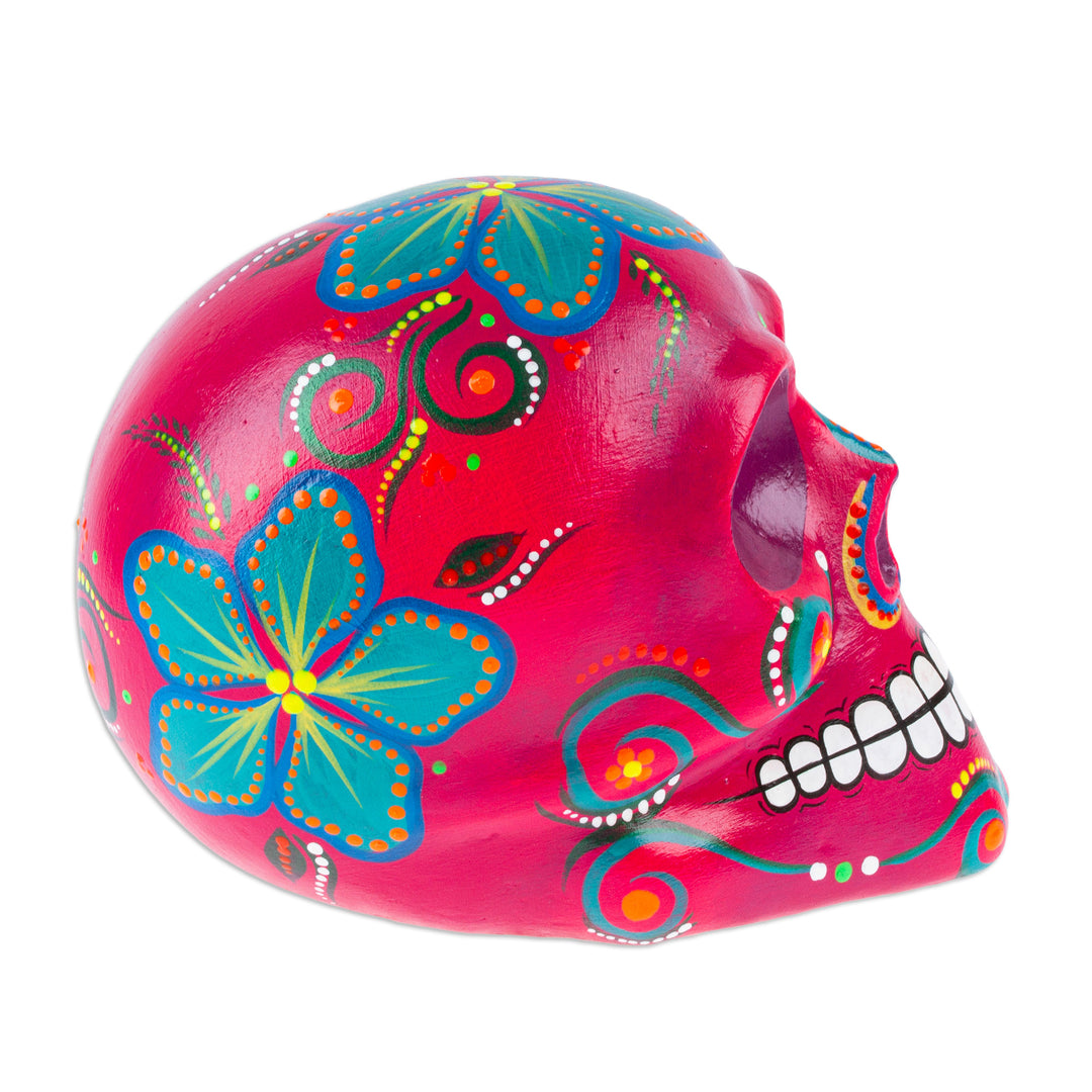 Handcrafted Recycled Paper Floral Carmine Skull Statuette - Carmine Underworld