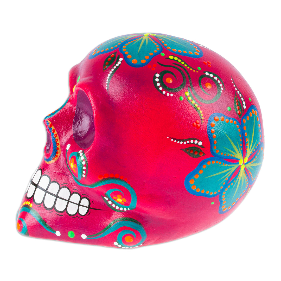 Handcrafted Recycled Paper Floral Carmine Skull Statuette - Carmine Underworld