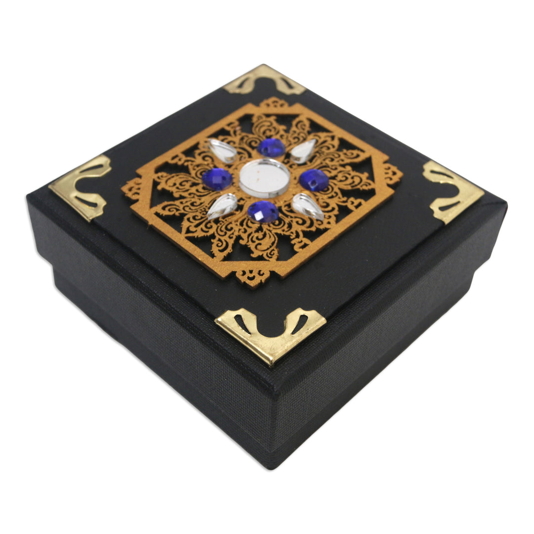 Traditional Black Decorative Box with Blue Beads and Mirrors - Blue Sunrise