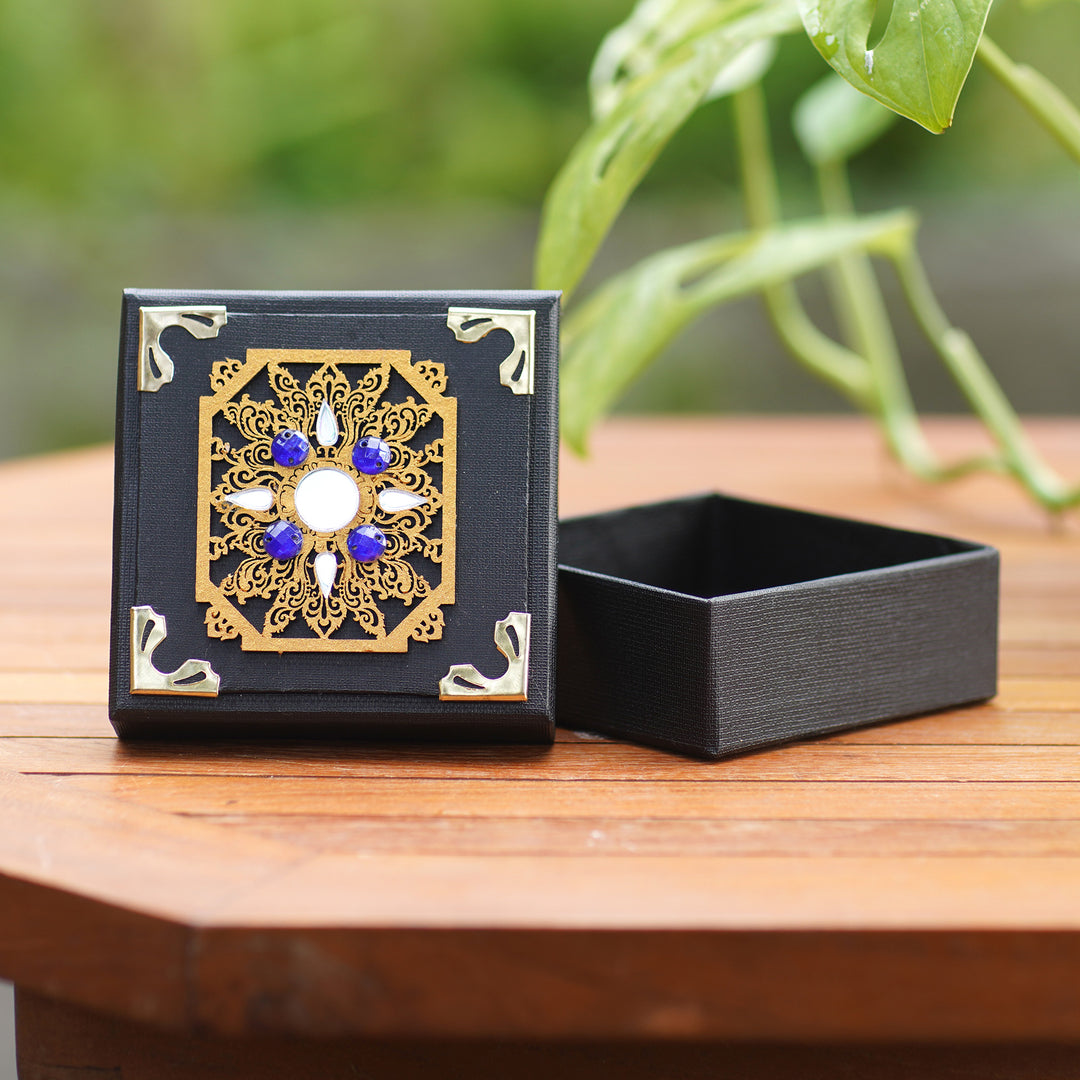 Traditional Black Decorative Box with Blue Beads and Mirrors - Blue Sunrise