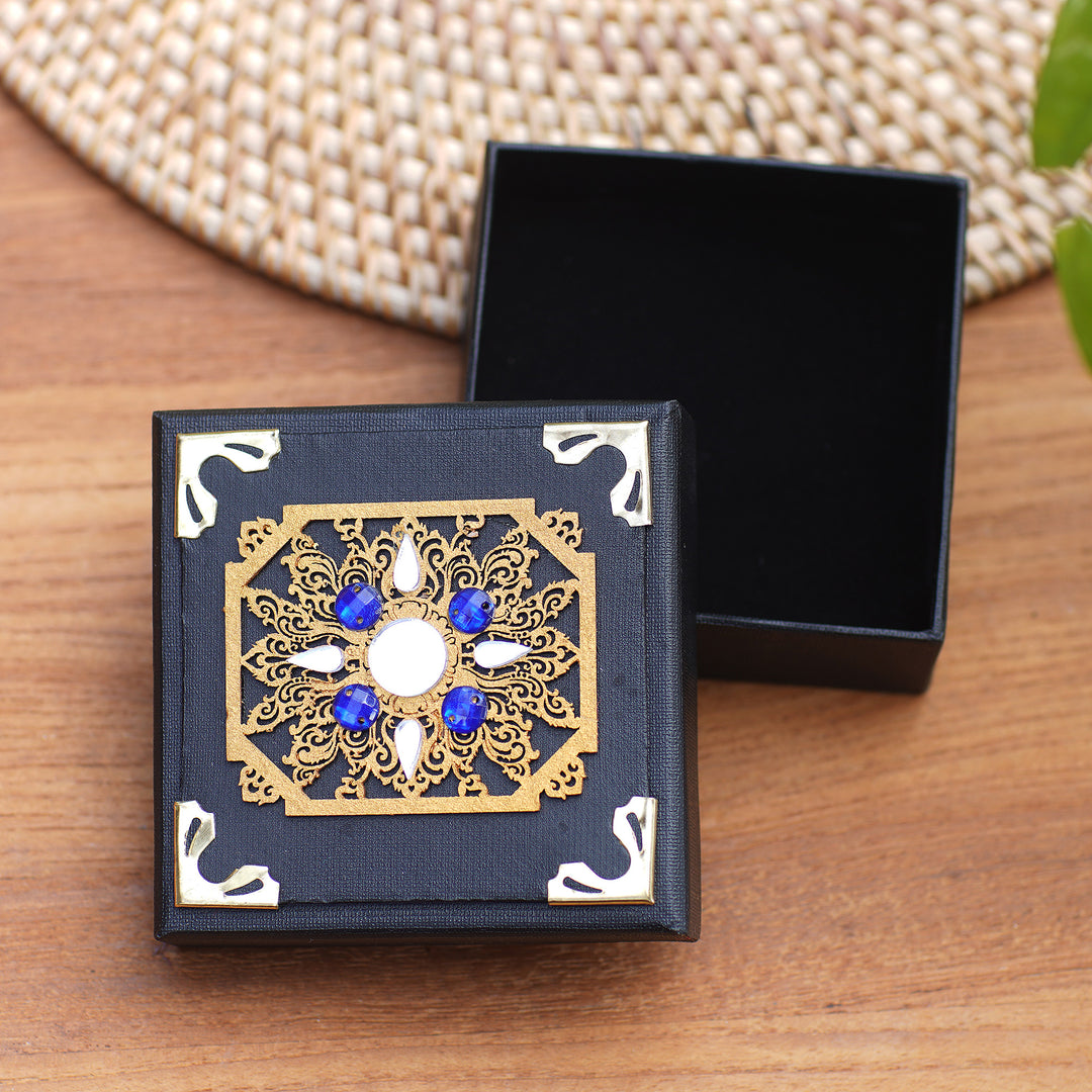 Traditional Black Decorative Box with Blue Beads and Mirrors - Blue Sunrise