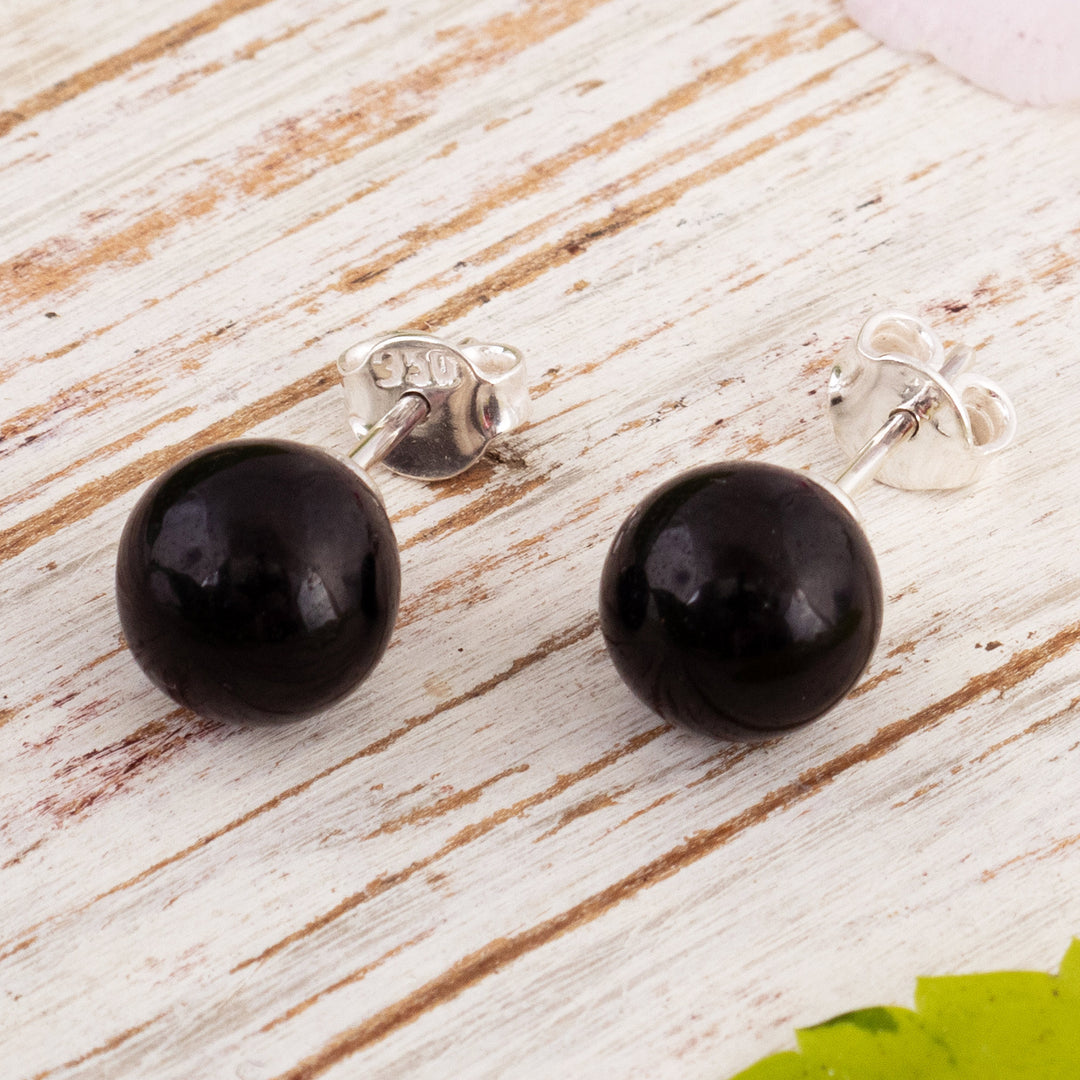 Sterling Silver Stud Earrings with Black Obsidian from Peru - Enigmatic
