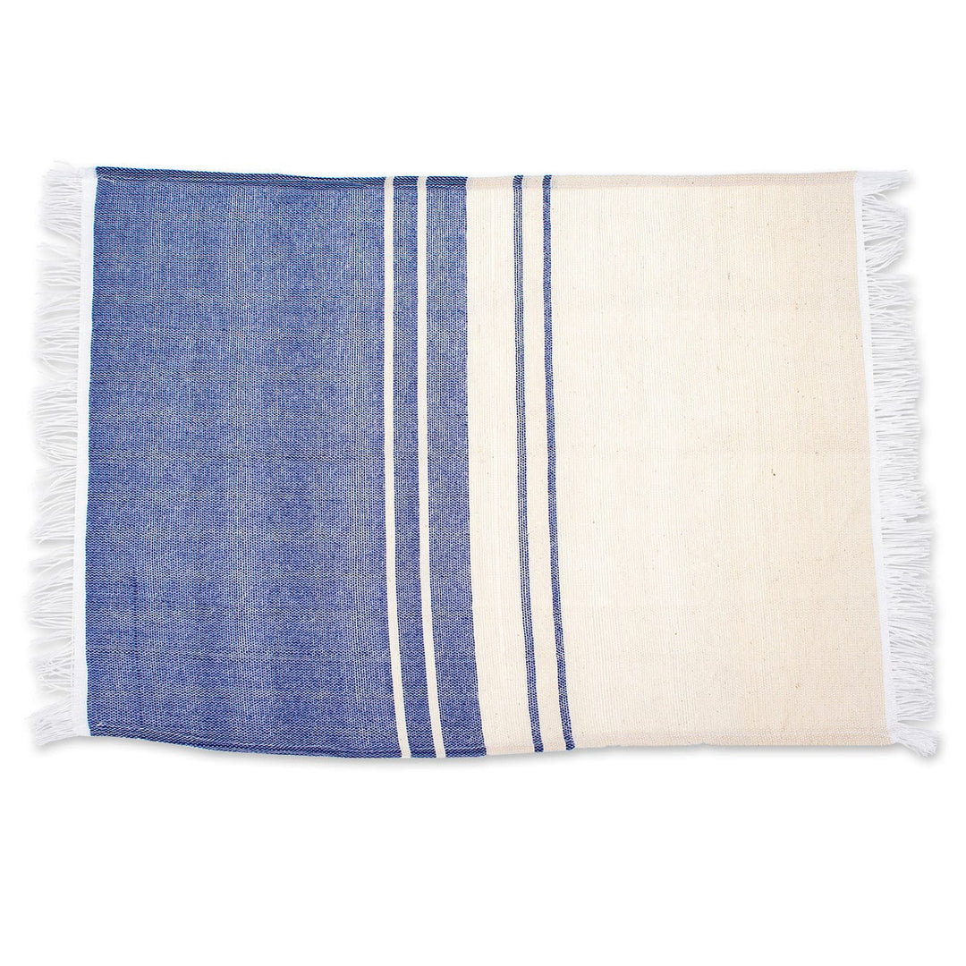Handloomed Blue and Ivory Cotton Placemat with Fringes - Sapphire Break
