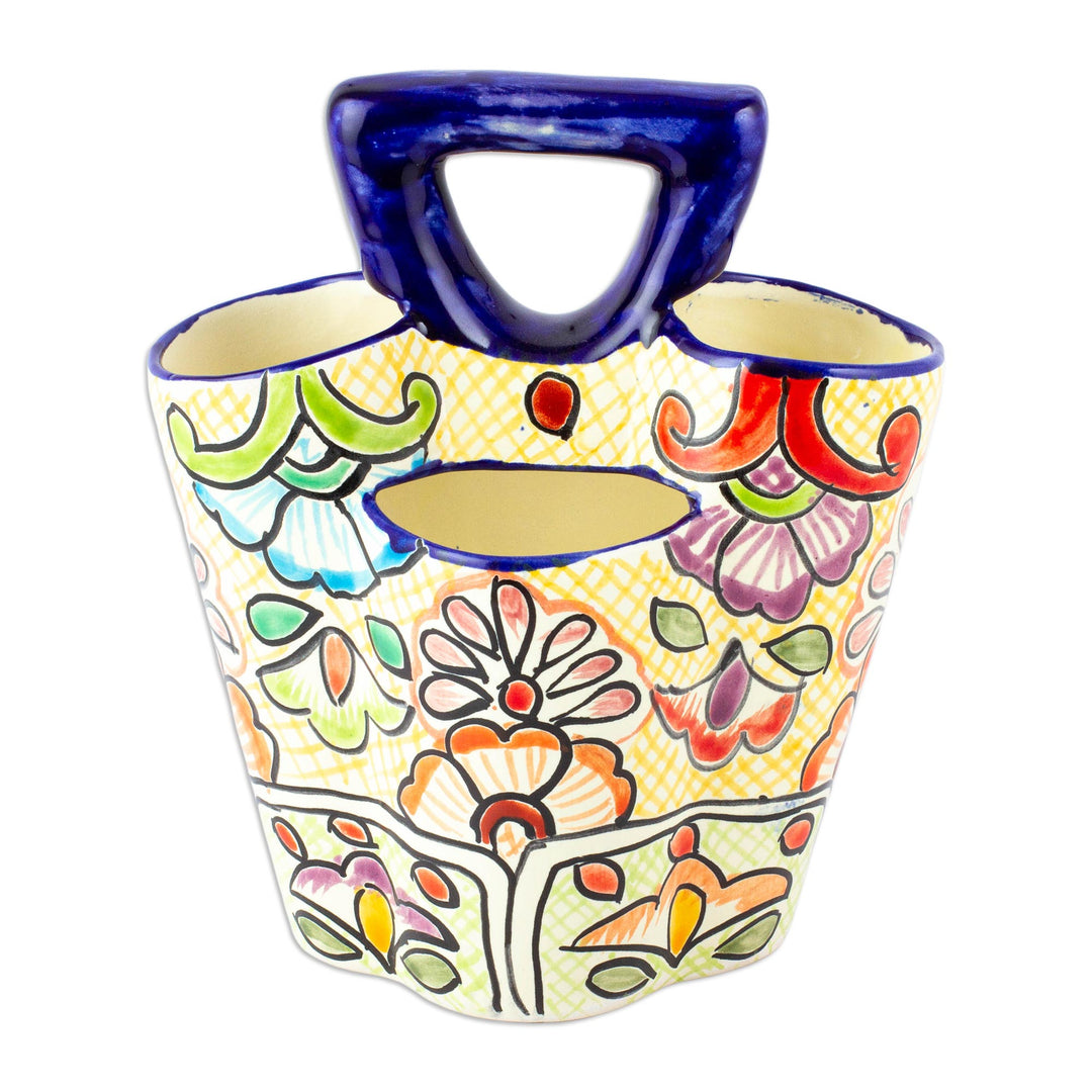Multicolored Three-Sectioned Silverware Holder from Mexico - Yellow Colonial Cutlery