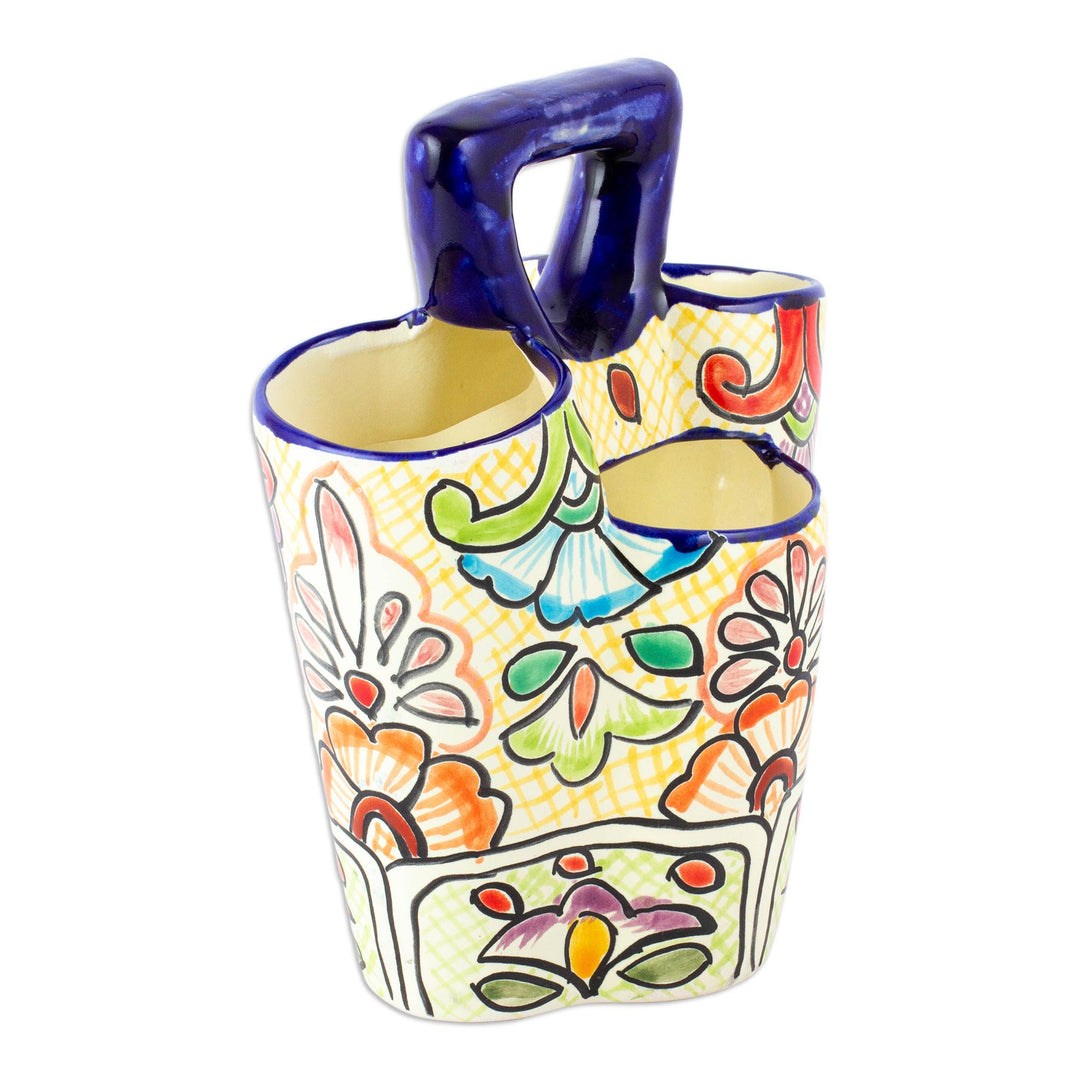 Multicolored Three-Sectioned Silverware Holder from Mexico - Yellow Colonial Cutlery