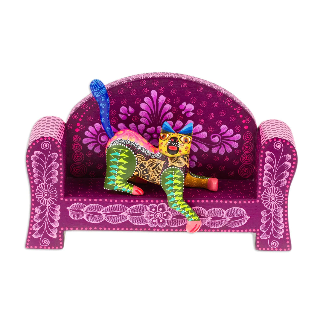 Handmade Green and Purple Wood Alebrije Sculpture (2 Pieces) - Olive Cat on a Bench