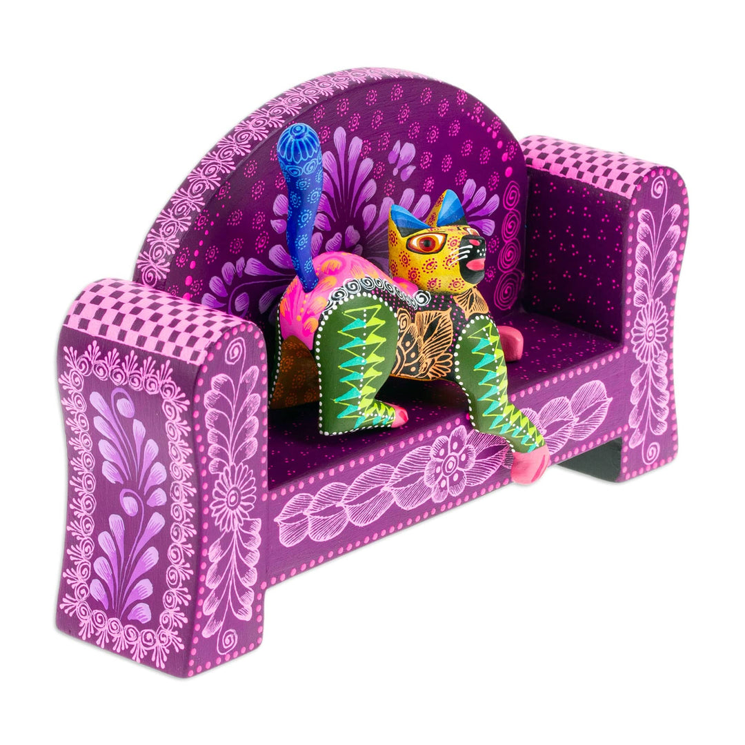 Handmade Green and Purple Wood Alebrije Sculpture (2 Pieces) - Olive Cat on a Bench