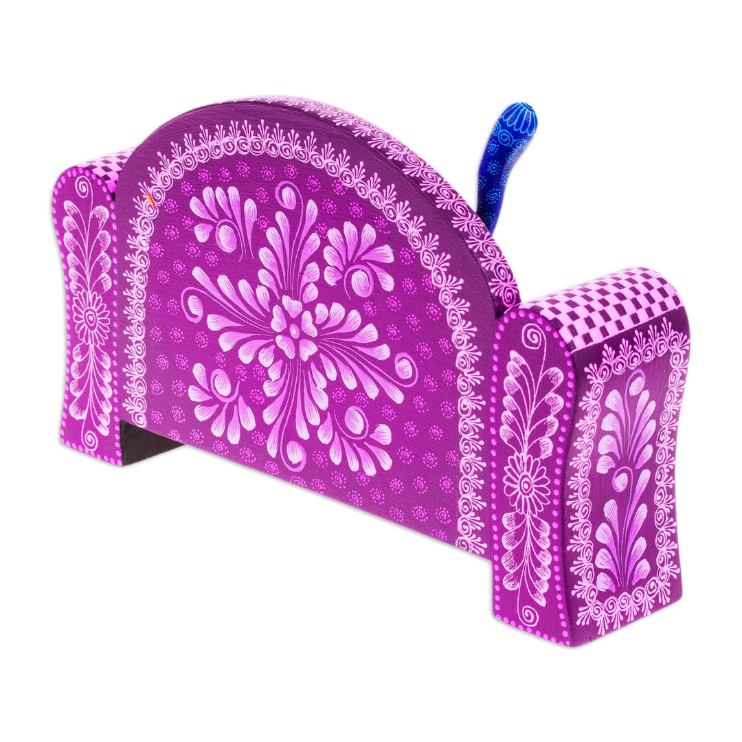 Handmade Green and Purple Wood Alebrije Sculpture (2 Pieces) - Olive Cat on a Bench