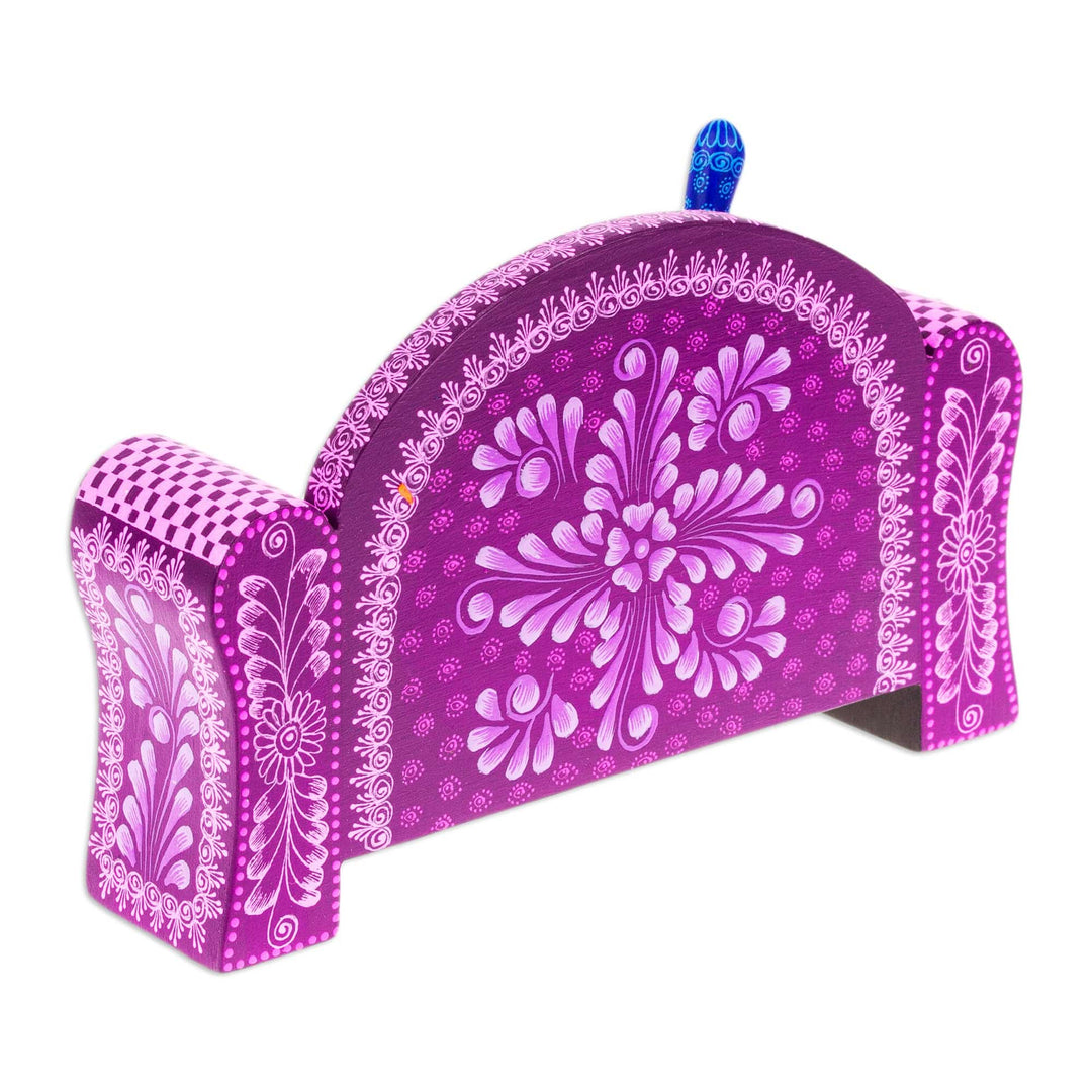 Handmade Green and Purple Wood Alebrije Sculpture (2 Pieces) - Olive Cat on a Bench