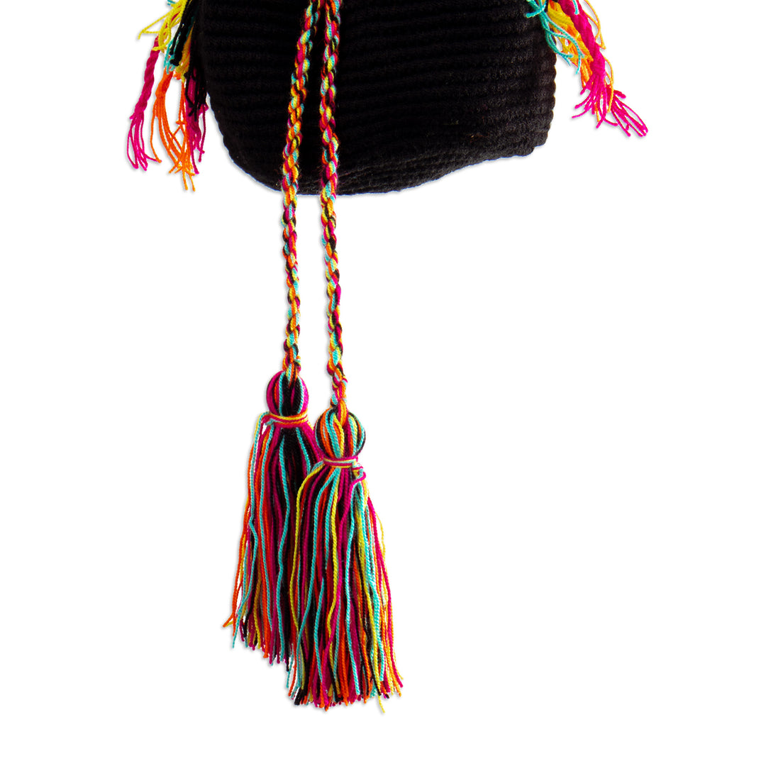 Black Crocheted Sling Bag with Multicolored Accents - Wayuu Glam