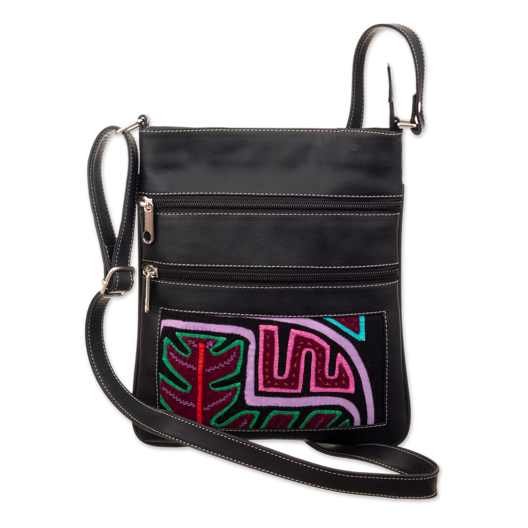 Black Leather Sling with Mola Textile and Adjustable Strap - Dark Paradise