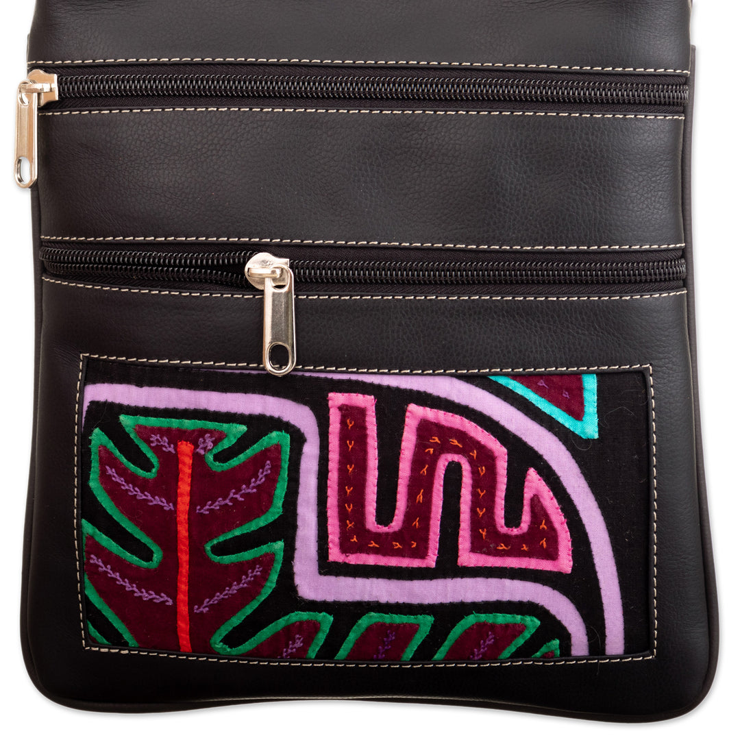 Black Leather Sling with Mola Textile and Adjustable Strap - Dark Paradise