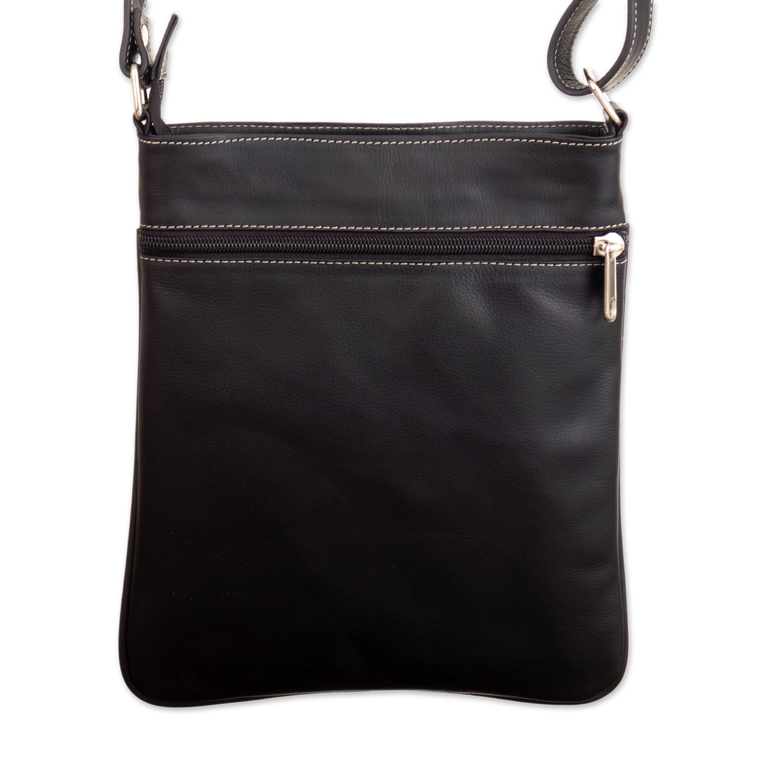 Black Leather Sling with Mola Textile and Adjustable Strap - Dark Paradise