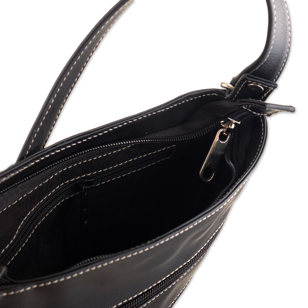 Black Leather Sling with Mola Textile and Adjustable Strap - Dark Paradise