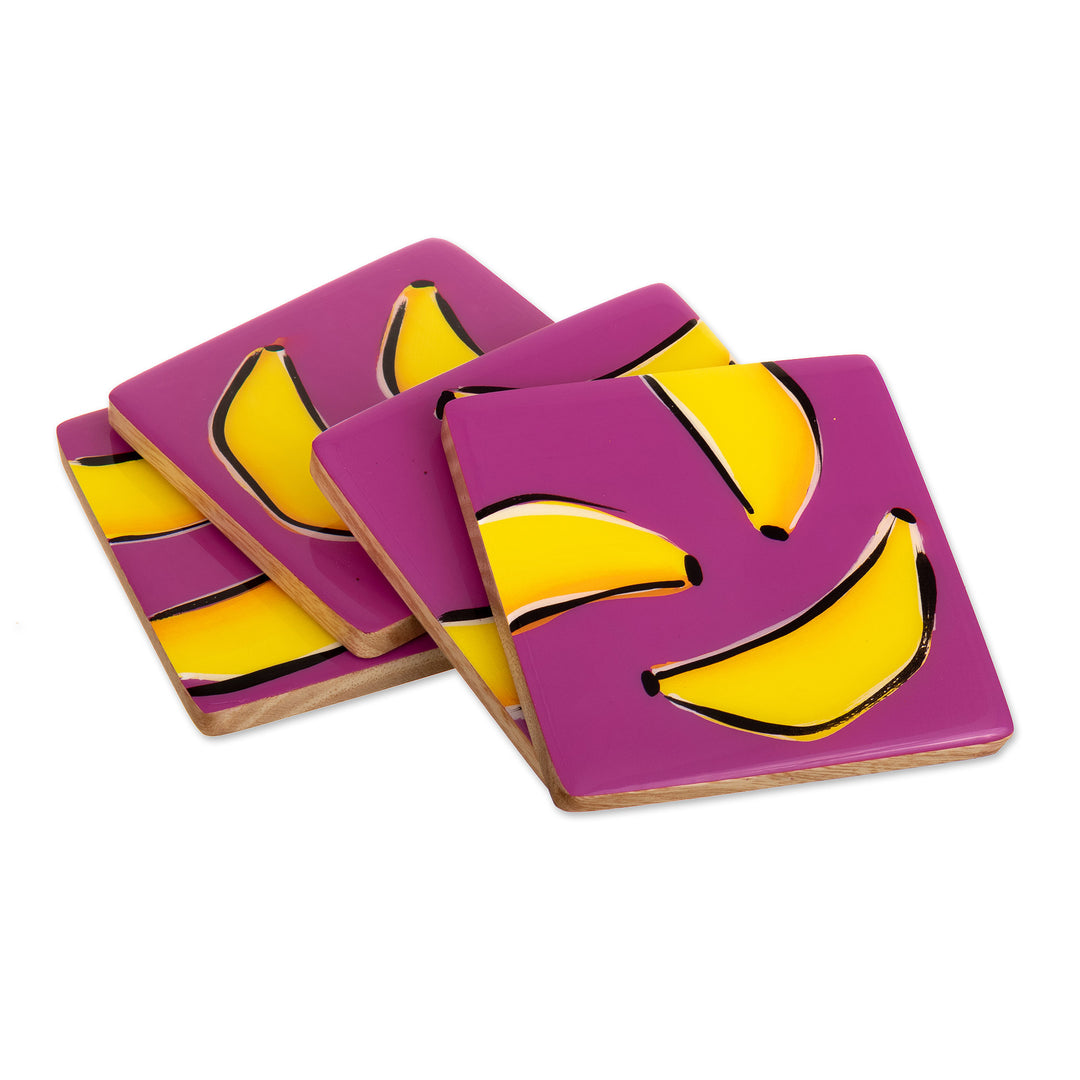 4 Banana-Themed Wood Coasters Hand-Painted in Colombia - Happy Bananas