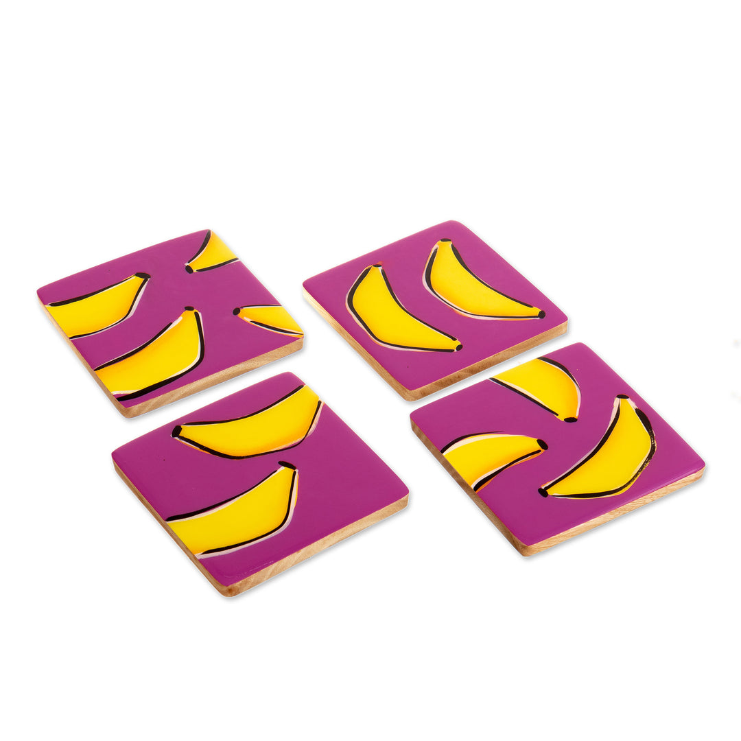 4 Banana-Themed Wood Coasters Hand-Painted in Colombia - Happy Bananas
