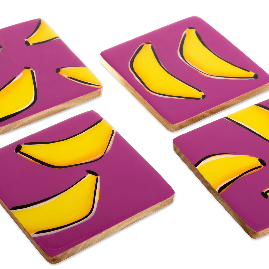 4 Banana-Themed Wood Coasters Hand-Painted in Colombia - Happy Bananas