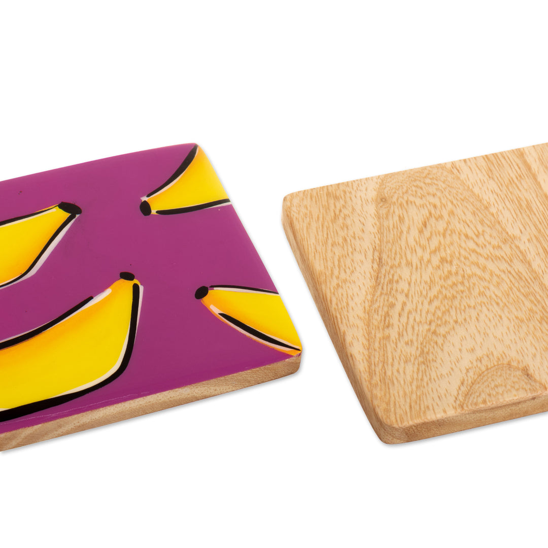 4 Banana-Themed Wood Coasters Hand-Painted in Colombia - Happy Bananas