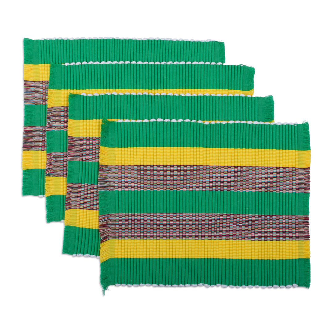 Set of 4 Handwoven Striped Viridian Cotton Blend Placemats - Viridian Gathering