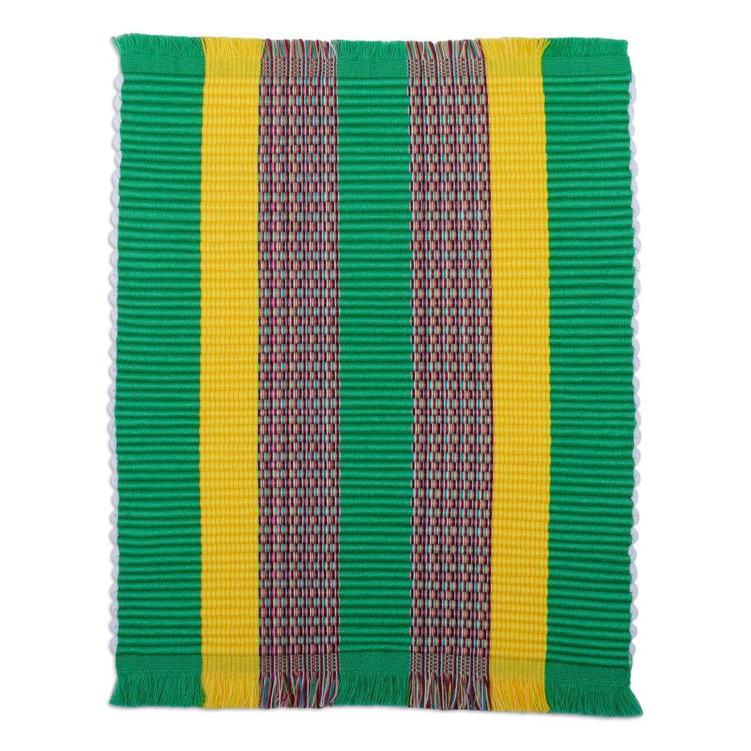 Set of 4 Handwoven Striped Viridian Cotton Blend Placemats - Viridian Gathering