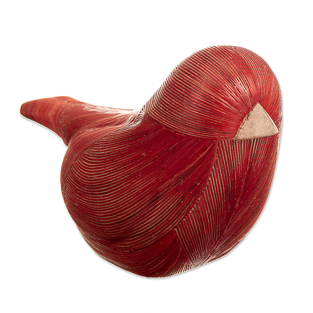Handmade Cedar Wood and Natural Fiber Bird Figurine in Red - Red Plumage