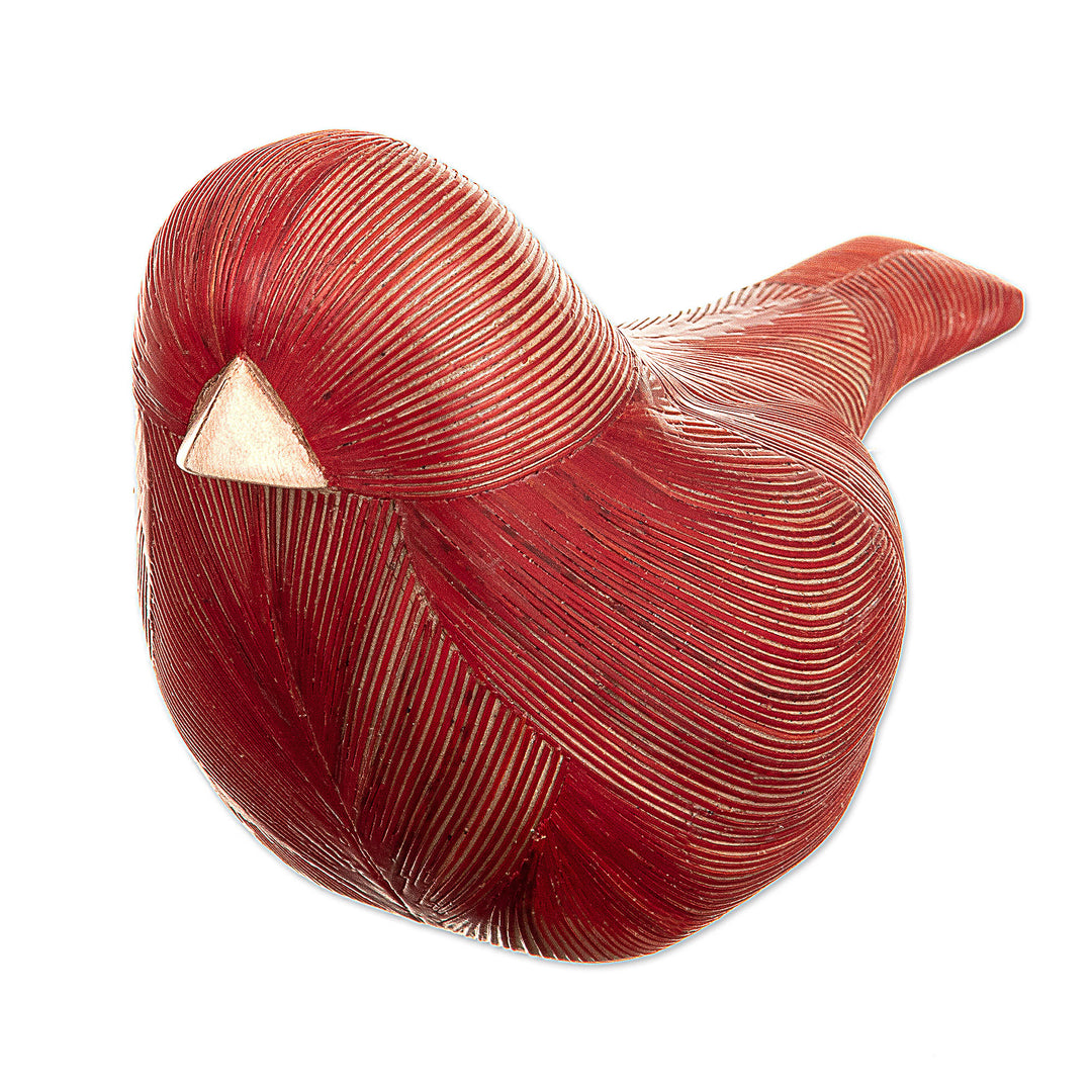 Handmade Cedar Wood and Natural Fiber Bird Figurine in Red - Red Plumage
