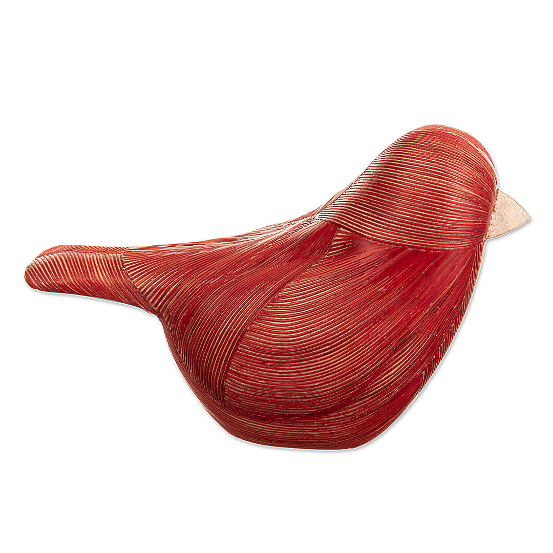 Handmade Cedar Wood and Natural Fiber Bird Figurine in Red - Red Plumage