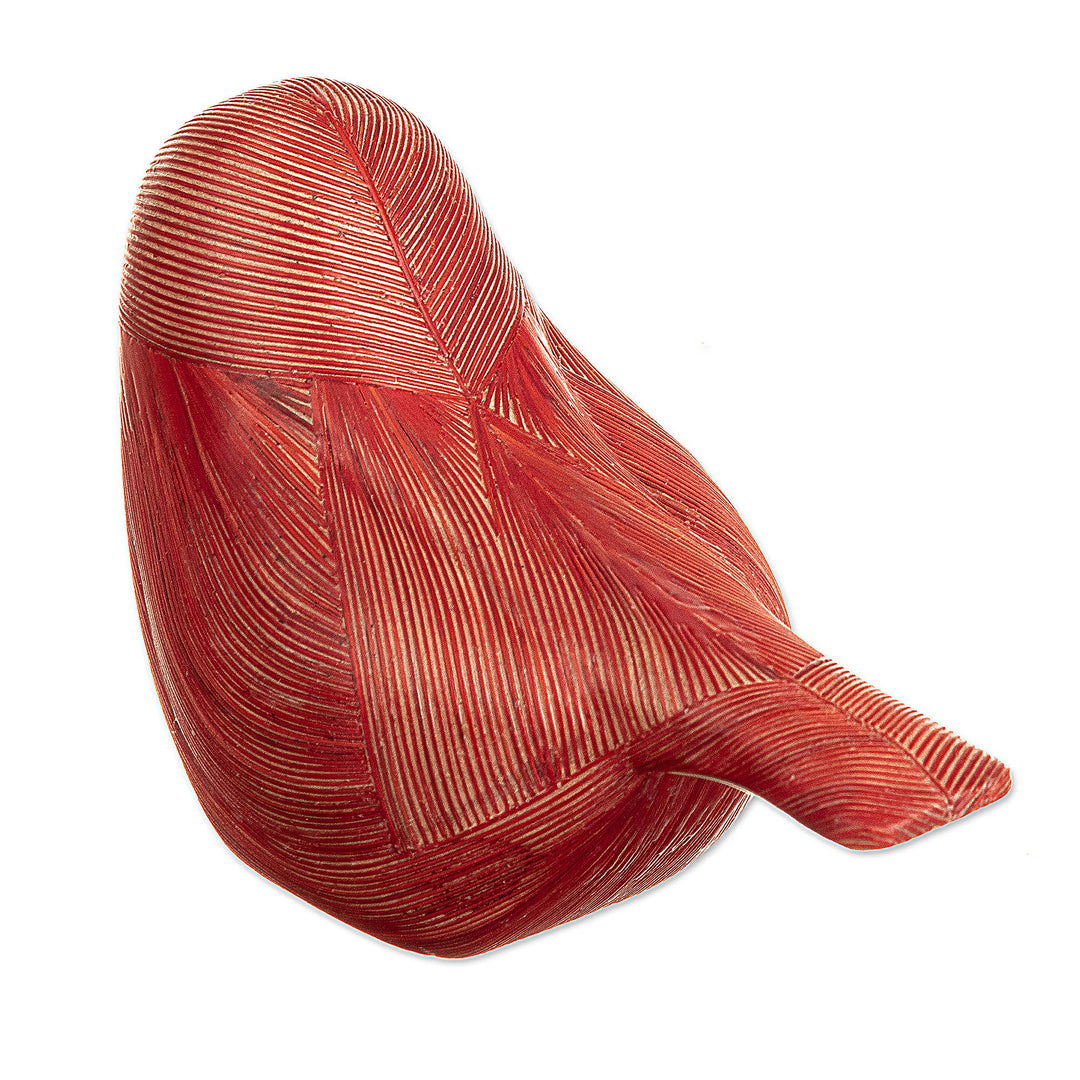 Handmade Cedar Wood and Natural Fiber Bird Figurine in Red - Red Plumage