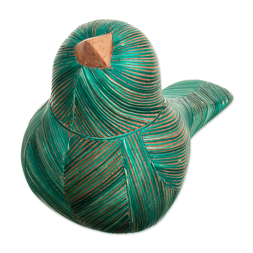Handmade Cedar Wood and Natural Fiber Bird Figurine in Green - Green Plumage
