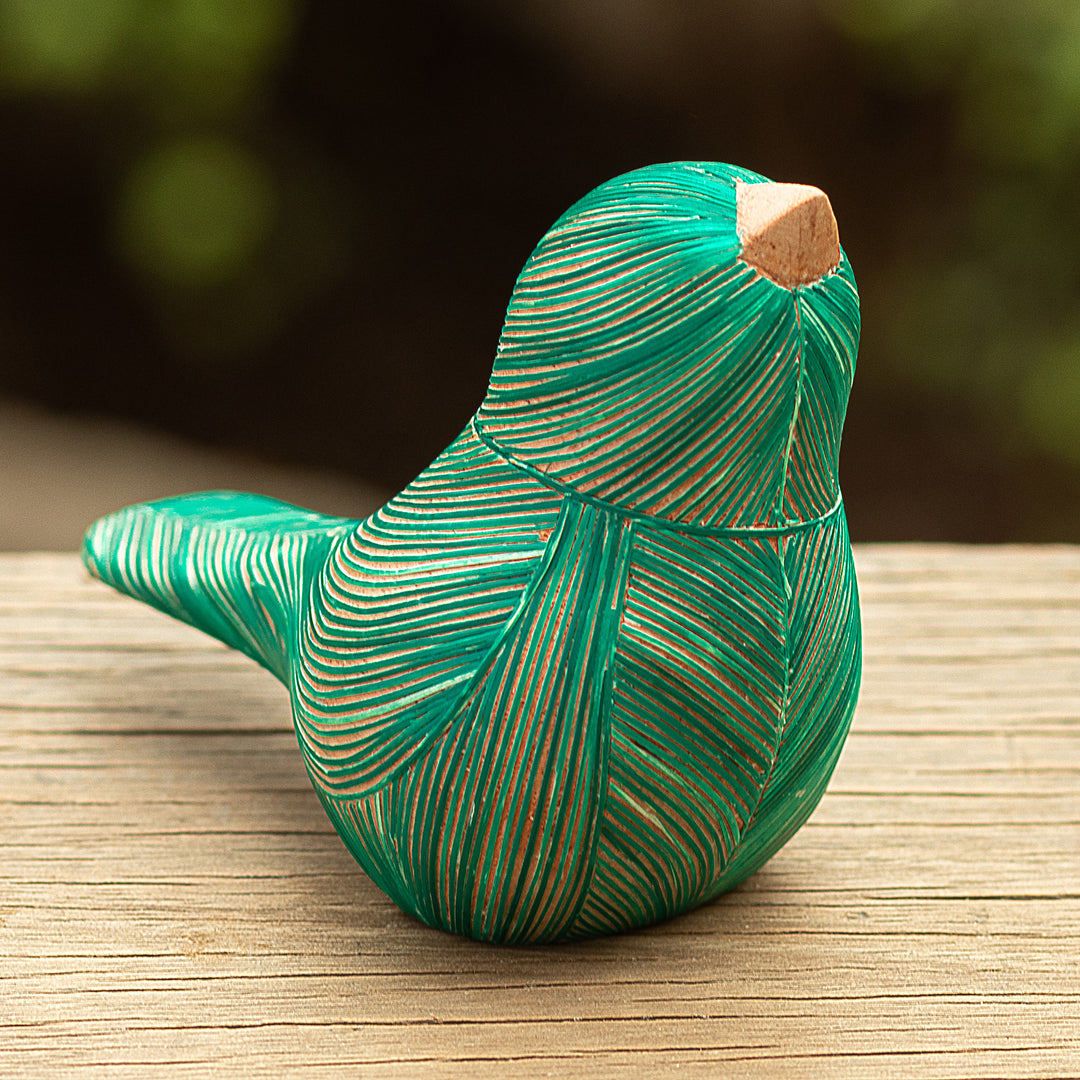 Handmade Cedar Wood and Natural Fiber Bird Figurine in Green - Green Plumage