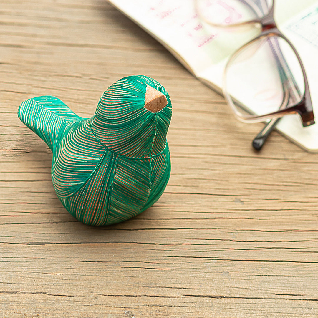 Handmade Cedar Wood and Natural Fiber Bird Figurine in Green - Green Plumage