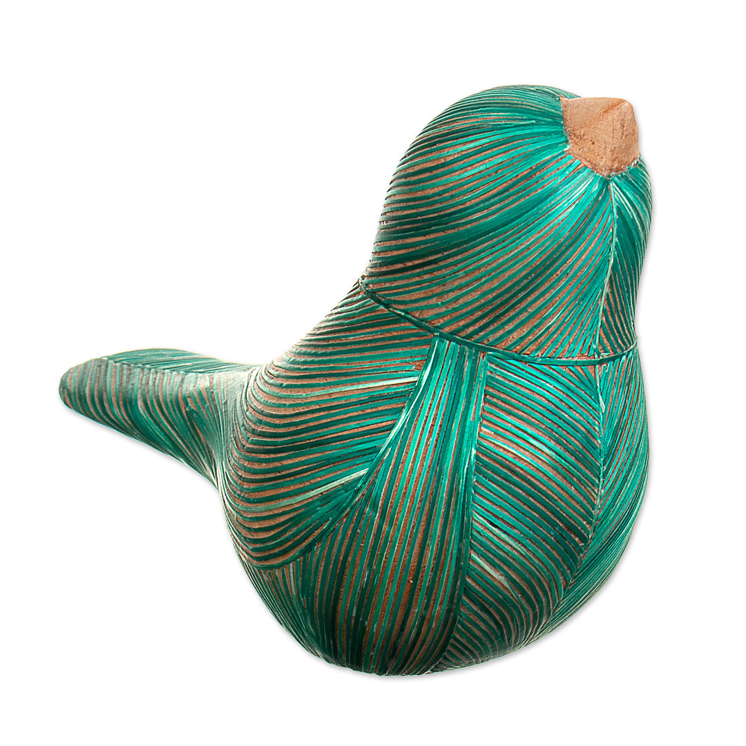 Handmade Cedar Wood and Natural Fiber Bird Figurine in Green - Green Plumage