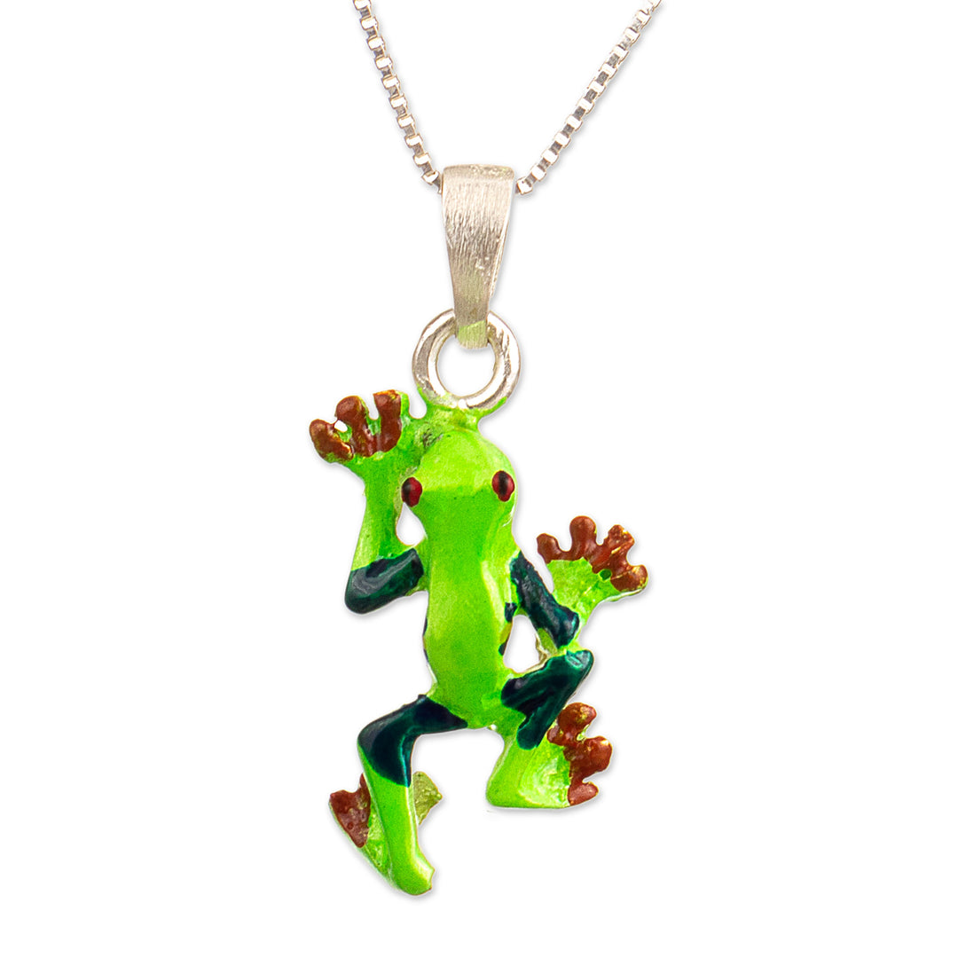 Painted Frog-Themed Sterling Silver Pendant Necklace - Tree Frog