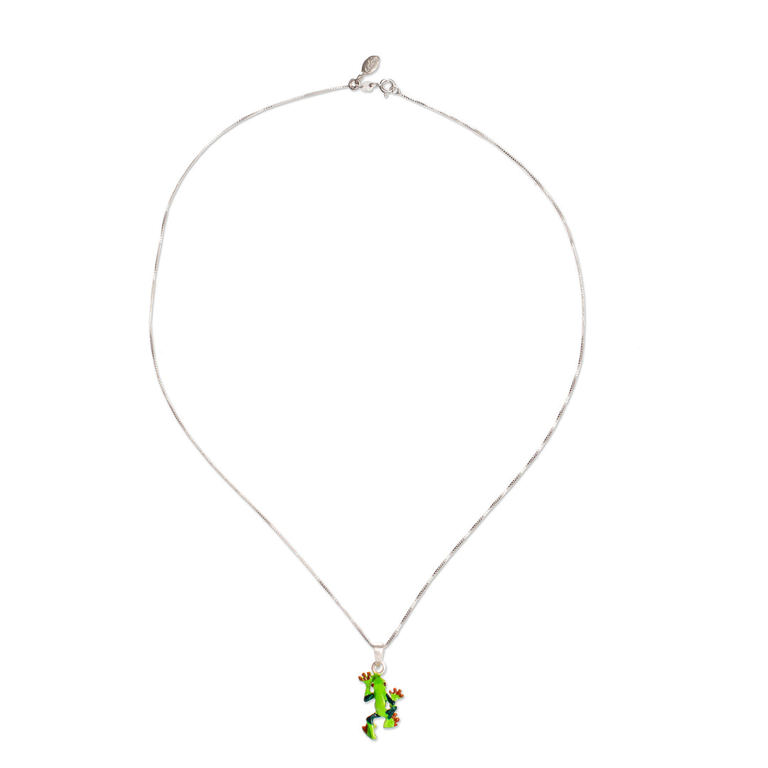 Painted Frog-Themed Sterling Silver Pendant Necklace - Tree Frog