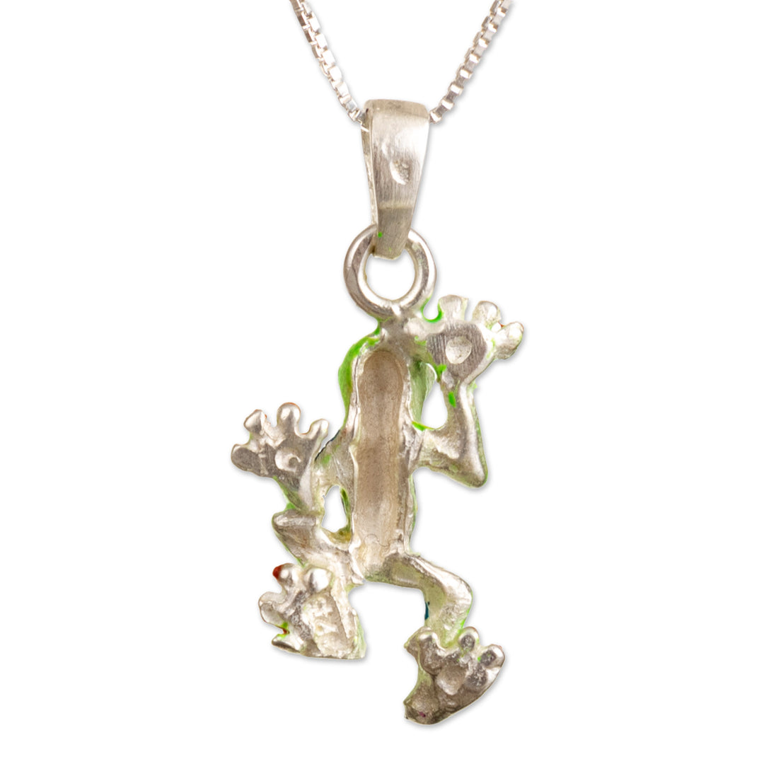 Painted Frog-Themed Sterling Silver Pendant Necklace - Tree Frog