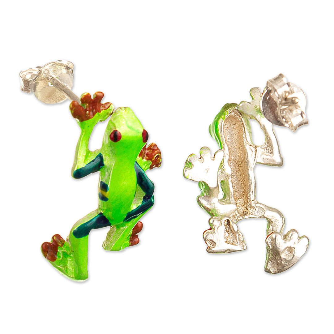 Painted Frog-Themed Sterling Silver Button Earrings - Tree Frog