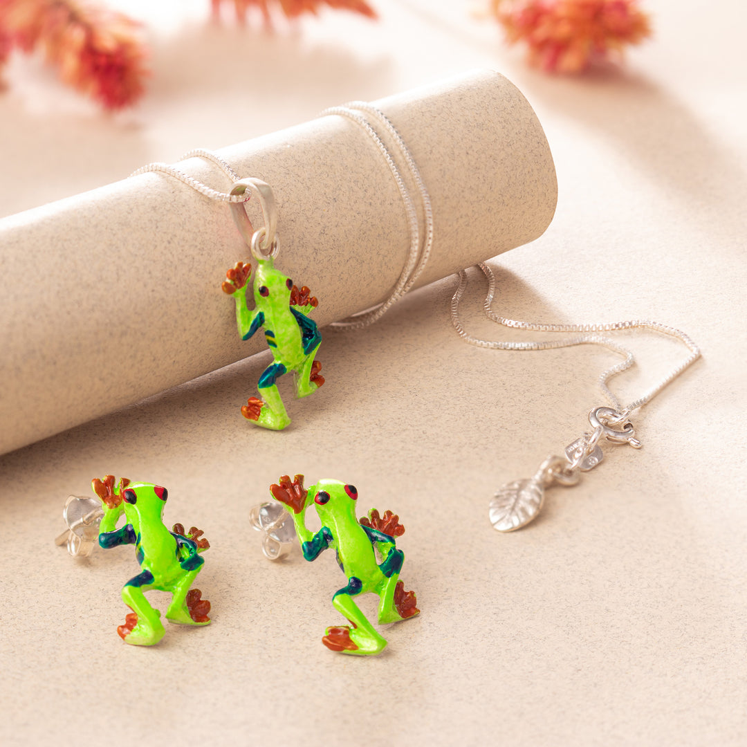 Painted Frog-Themed Sterling Silver Button Earrings - Tree Frog