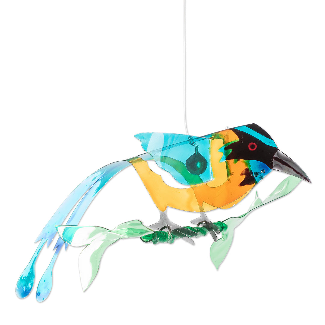 Hand-Painted Recycled Plastic Mobile of an Amazonian Motmo - Ethereal Fauna