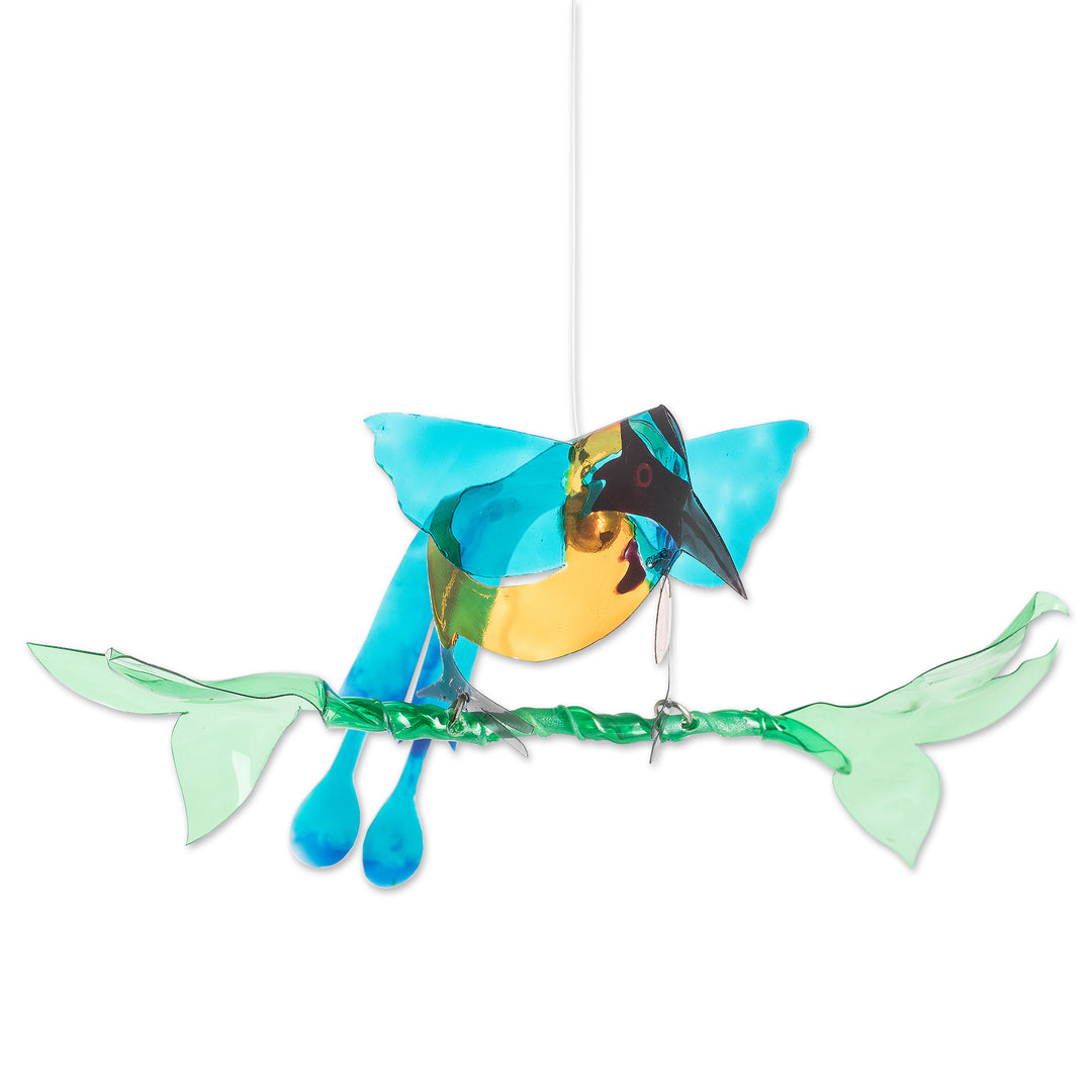 Hand-Painted Recycled Plastic Mobile of an Amazonian Motmo - Ethereal Fauna