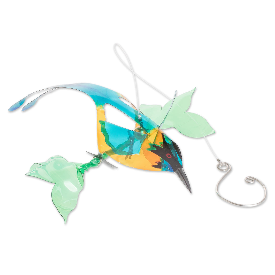 Hand-Painted Recycled Plastic Mobile of an Amazonian Motmo - Ethereal Fauna