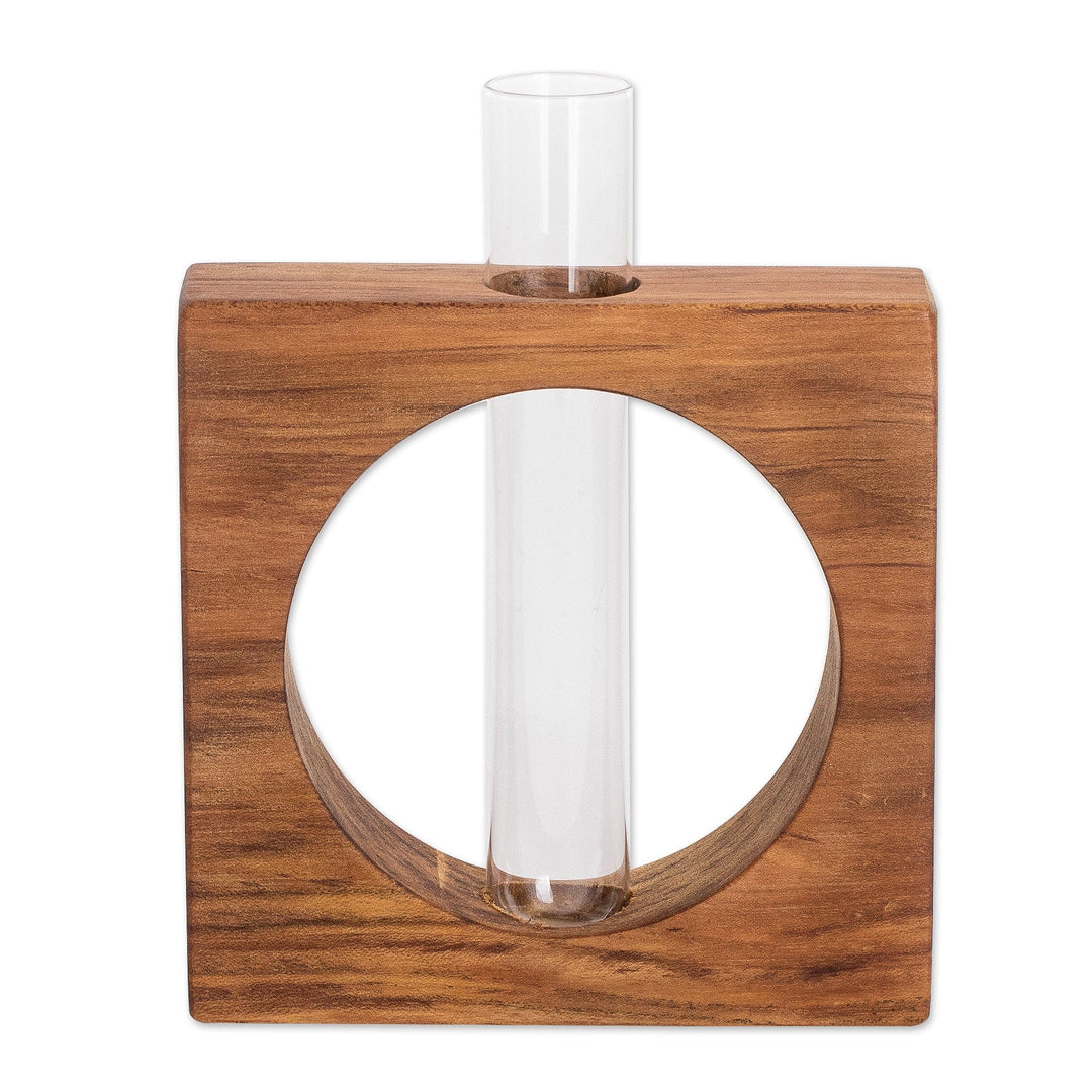 Watertight Teak Wood Stand with Glass Tube Vase - Home Elegance