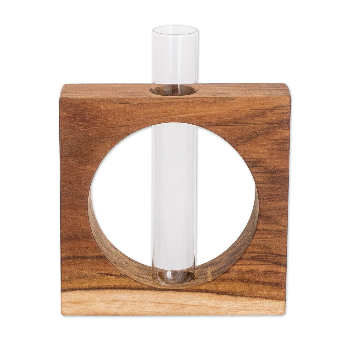 Watertight Teak Wood Stand with Glass Tube Vase - Home Elegance