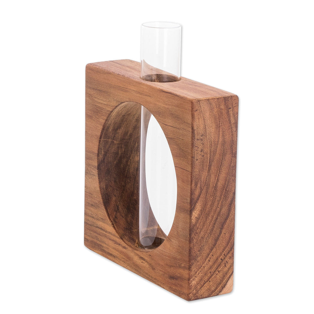 Watertight Teak Wood Stand with Glass Tube Vase - Home Elegance