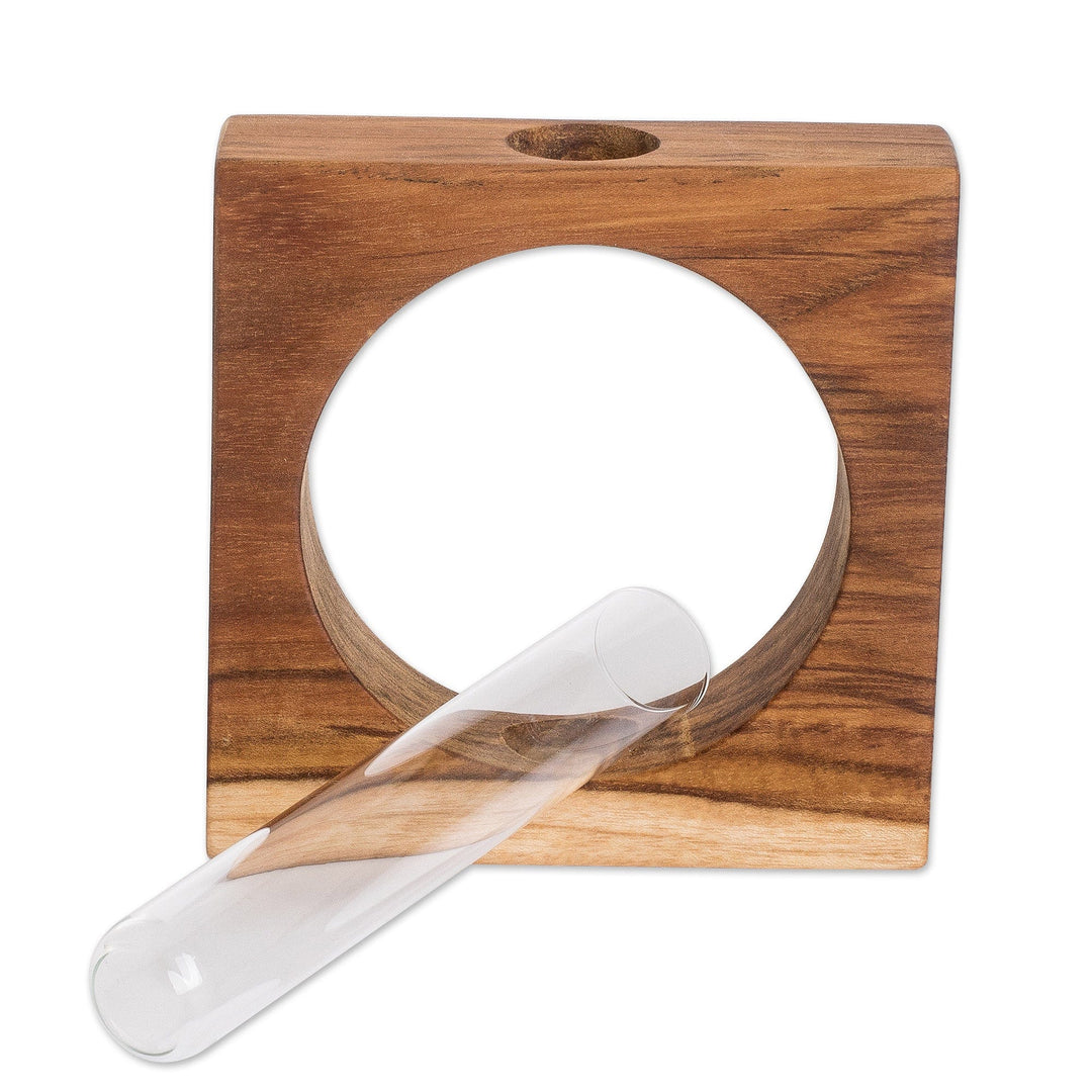 Watertight Teak Wood Stand with Glass Tube Vase - Home Elegance