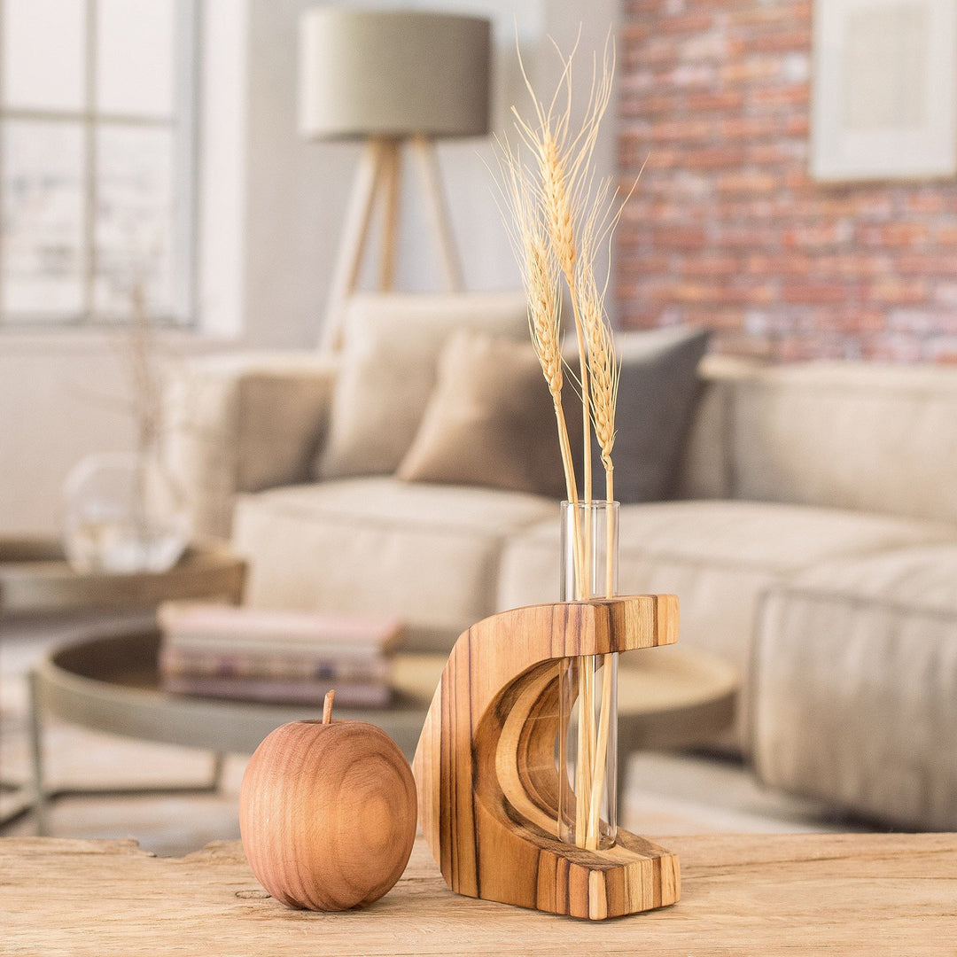 Watertight Teak Wood Vase with Glass Tube from Guatemala - Home Sophistication