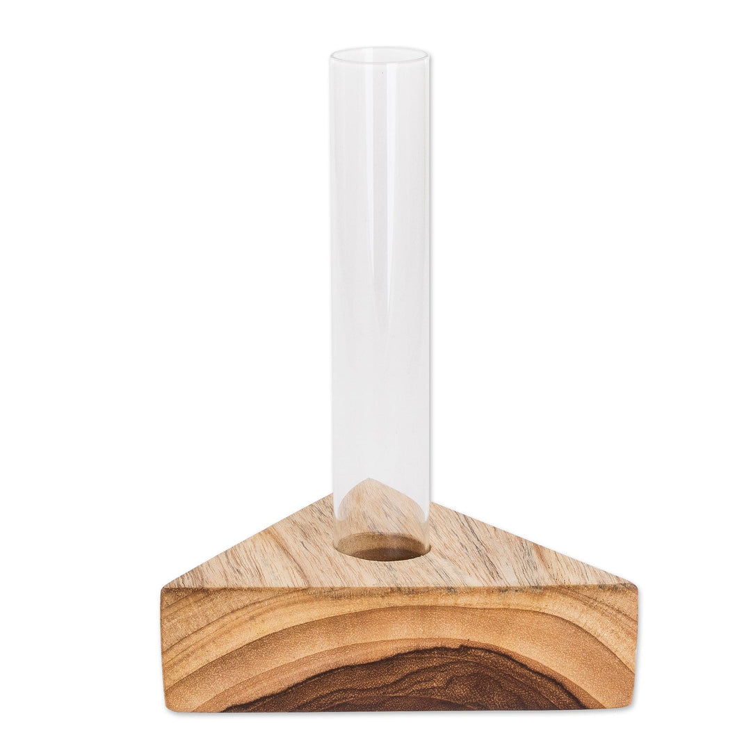 Glass Tube Vase with Teak Wood Stand Made in Guatemala - Home Glamour
